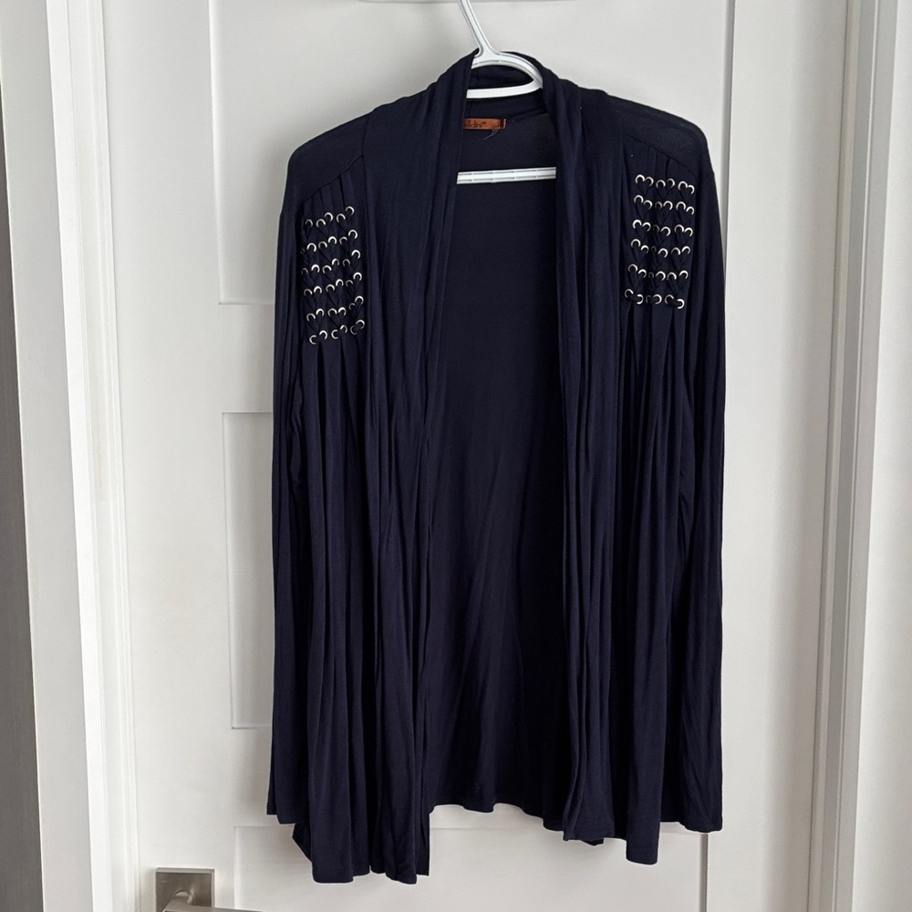 Belldini Navy Open-Front Cardigan with Grommet Shoulder Detail